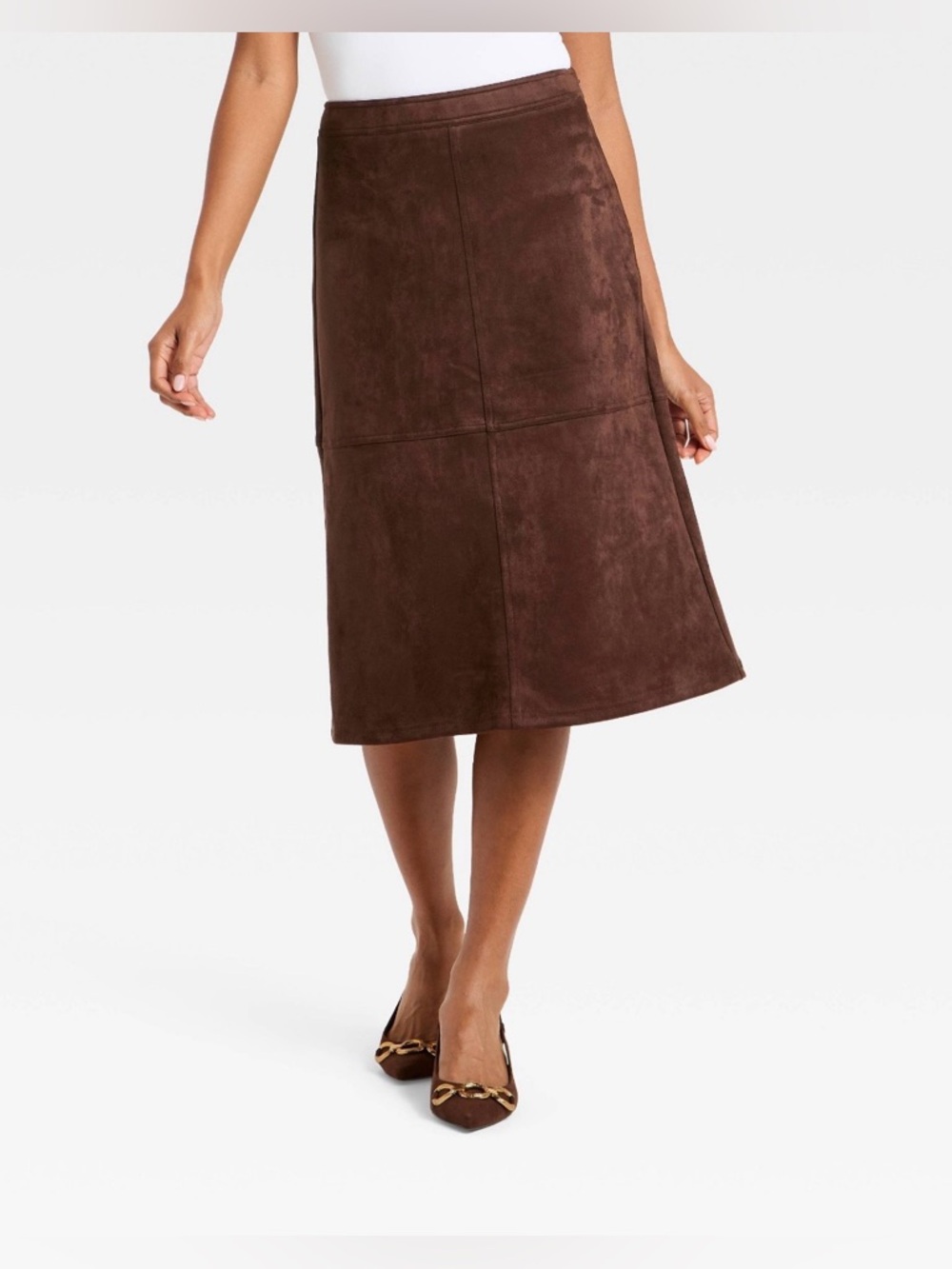 Women’s Suede A-Line Midi Skirt-Brown 12